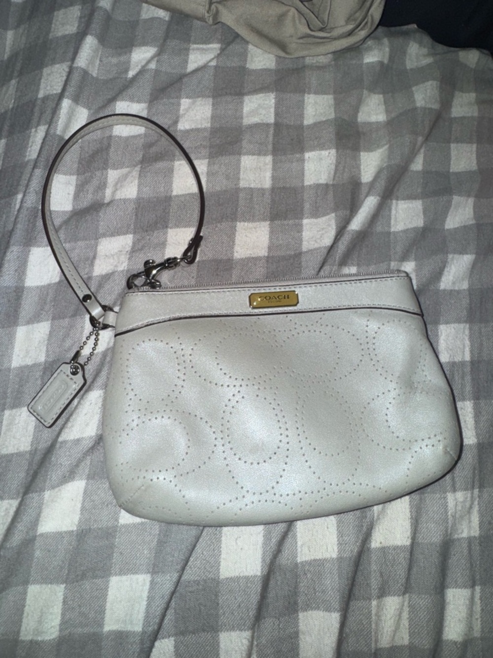 Coach Cream Leather Wristlet with Perforated Signature Detail